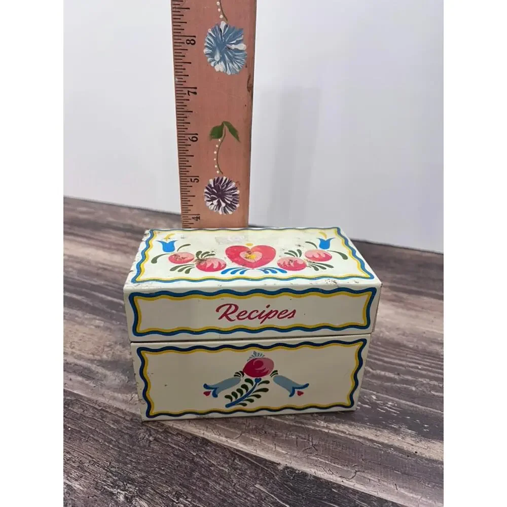 Vintage Ohio Art Metal Recipe Box Pennsylvania Dutch Folk Art Tin with Recipes